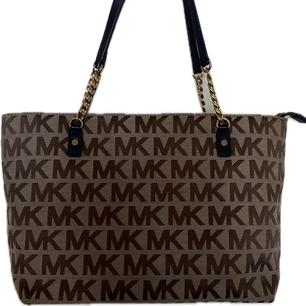Michael Kors Signature Brown and Black Tote w Partial Chain Strap